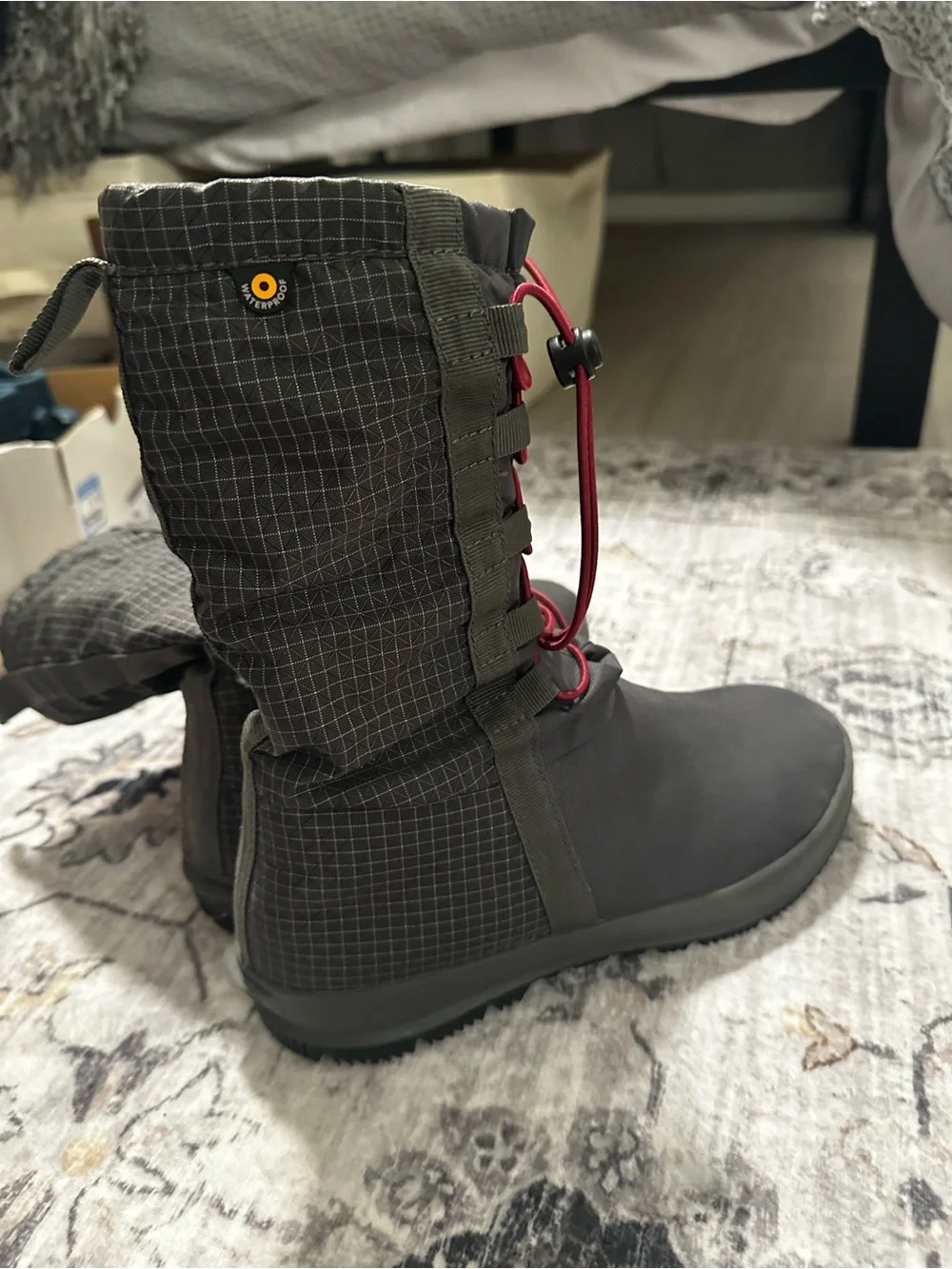 Bogs Gray Winter Boots with Pink Drawcords